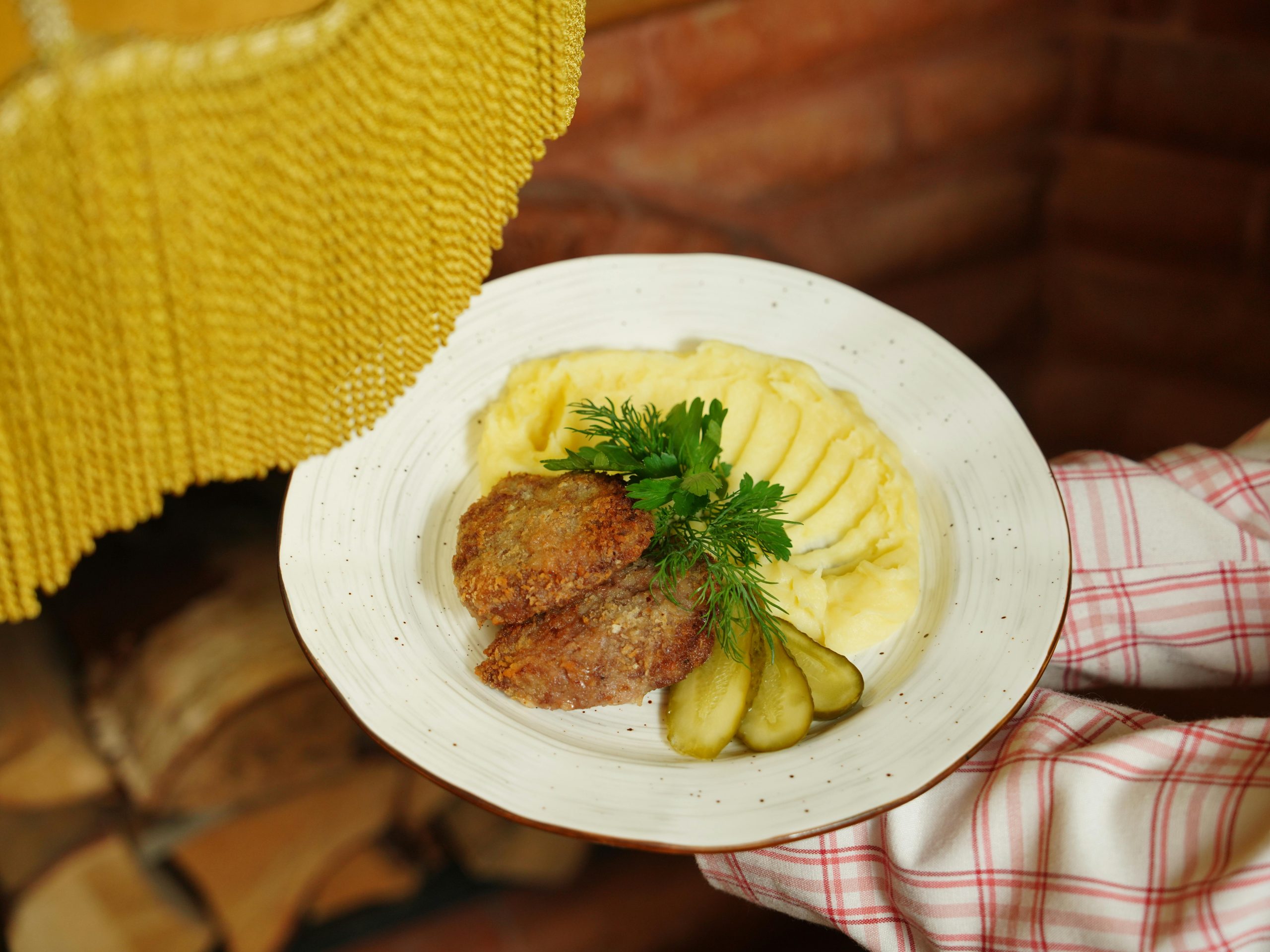 Close-up d'une assiette de dîner avec de la viande, de la purée de pommes de terre et des cornichons, garnie de persil.
