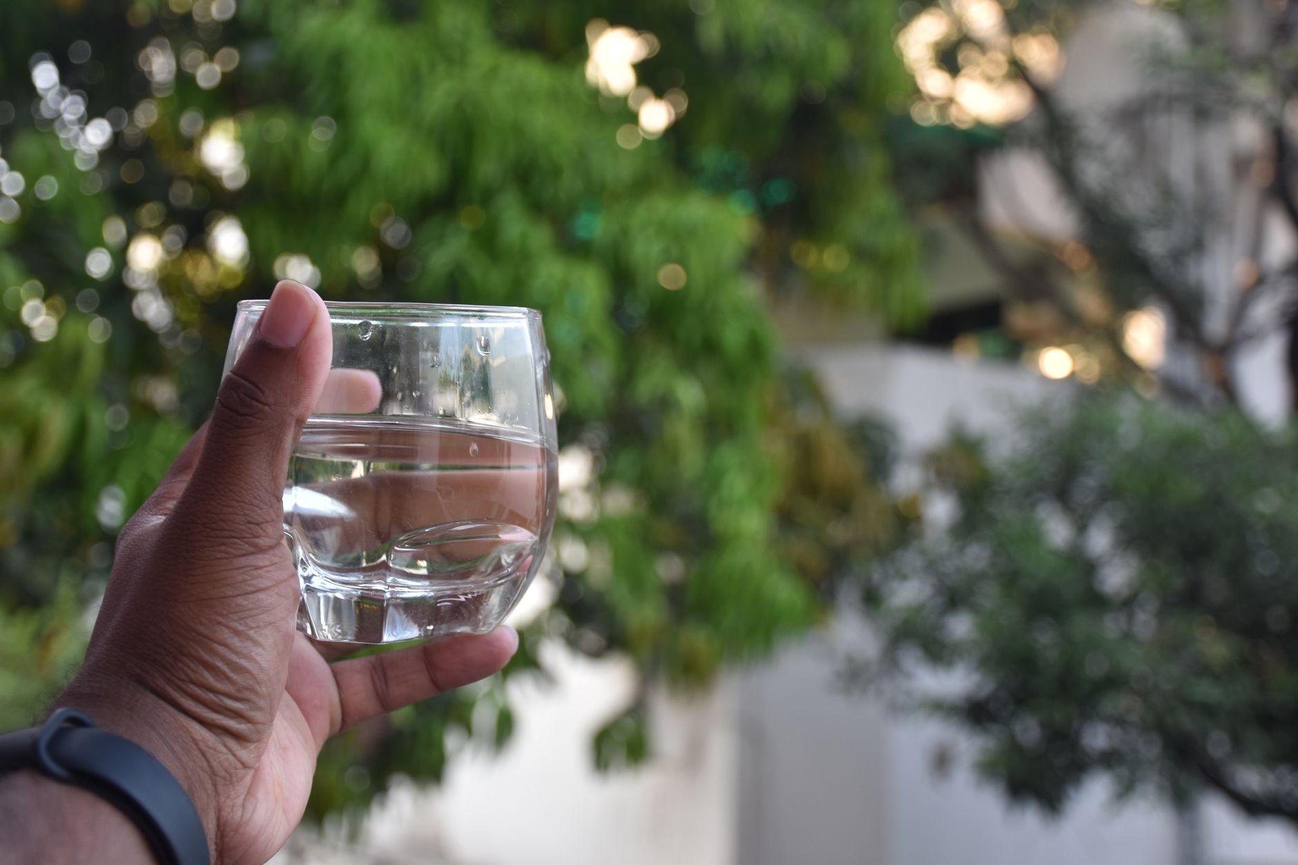 Main tenant un verre d’eau devant un feuillage flou